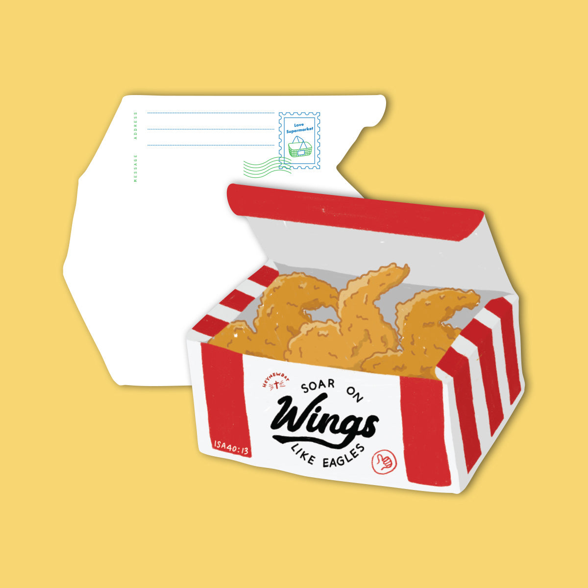 Christian postcard shaped like a fried chicken wings box with the phrase “Soar on Wings like Eagles” inspired by Isaiah 40:31.