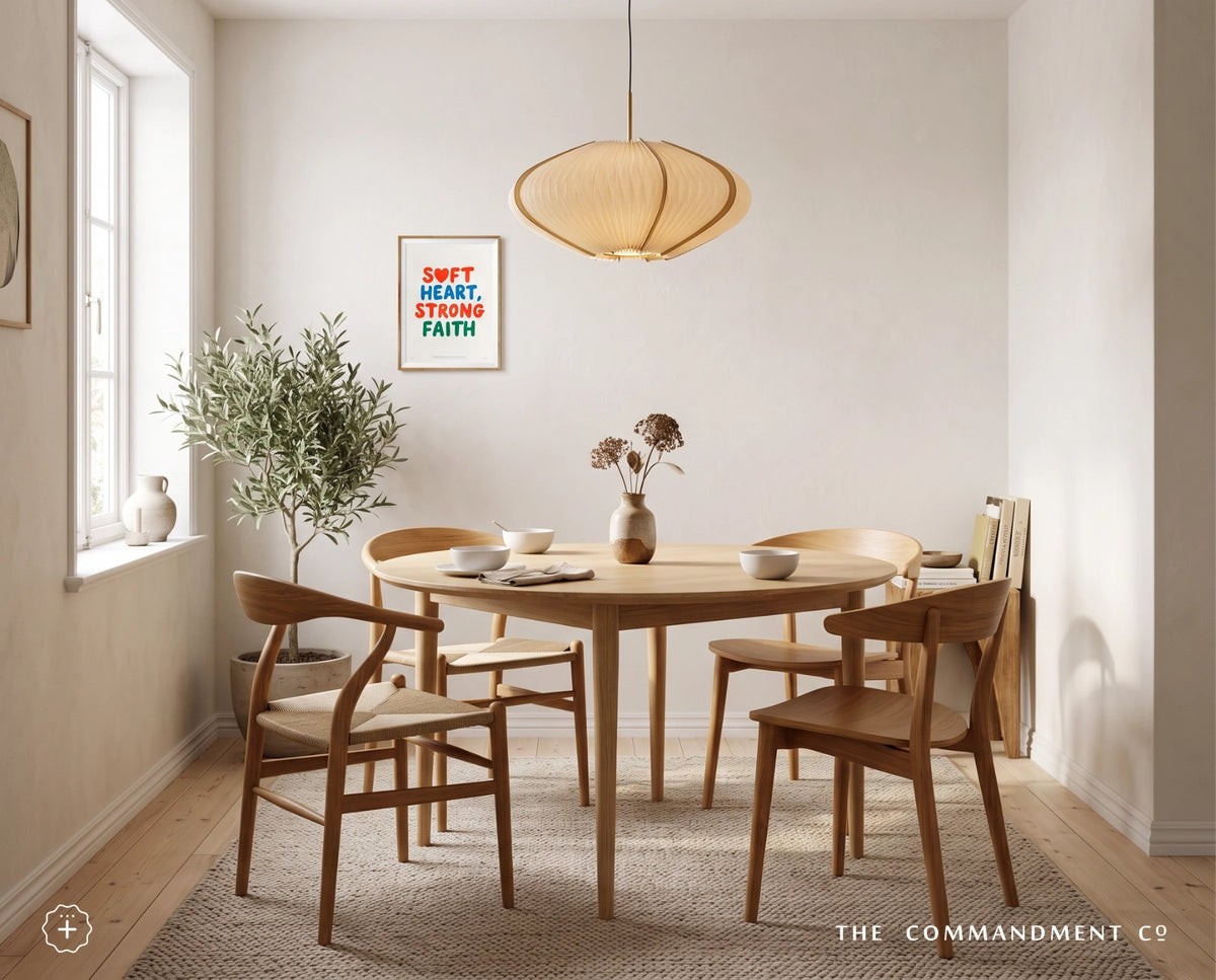 Soft Heart Strong Faith poster displayed in a warm minimalist dining room