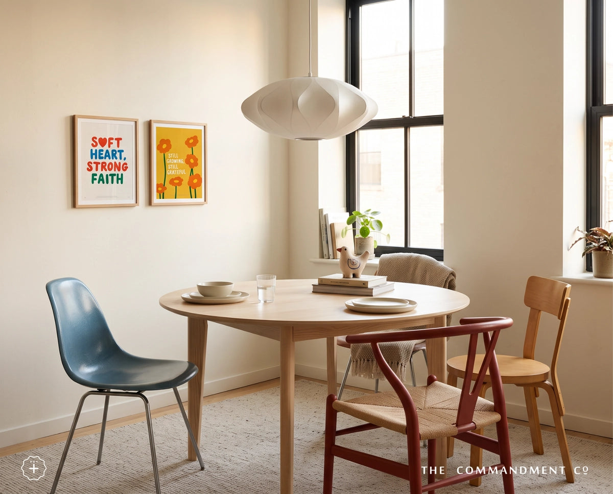 Soft Heart Strong Faith poster styled beside a floral Christian poster in a bright dining room