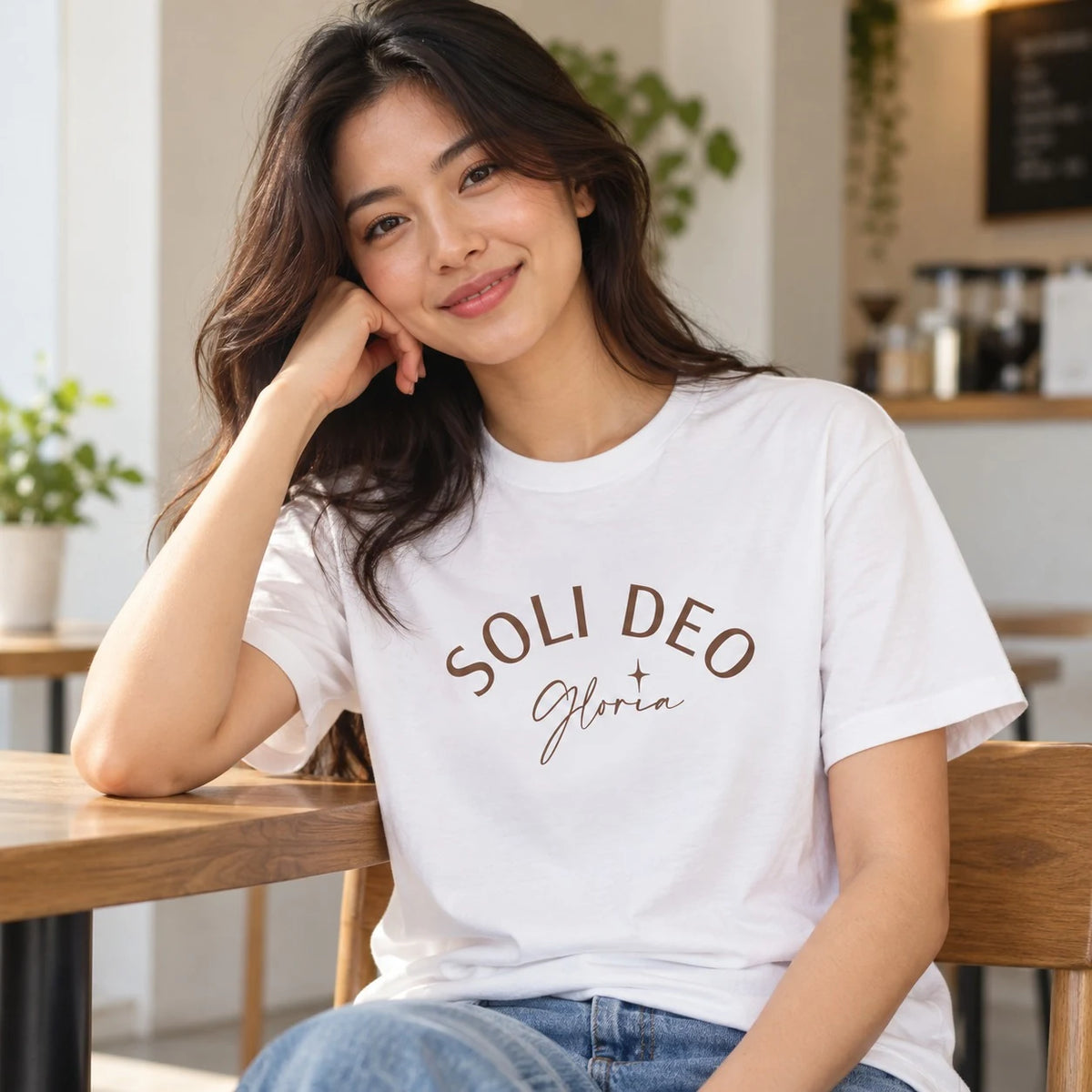 Lifestyle photograph of a woman wearing the white Soli Deo Gloria T-shirt in a cosy interior.
