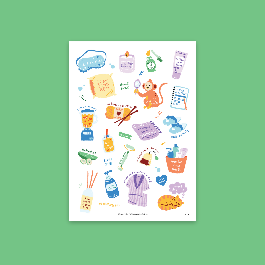 Soul Rest Stickers Sticker Sheet with transparent background featuring faith-inspired self-care and rest-themed designs like “Be Still,” “He Restores Me,” and “Peace and Comfort in God” by The Commandment Co.
