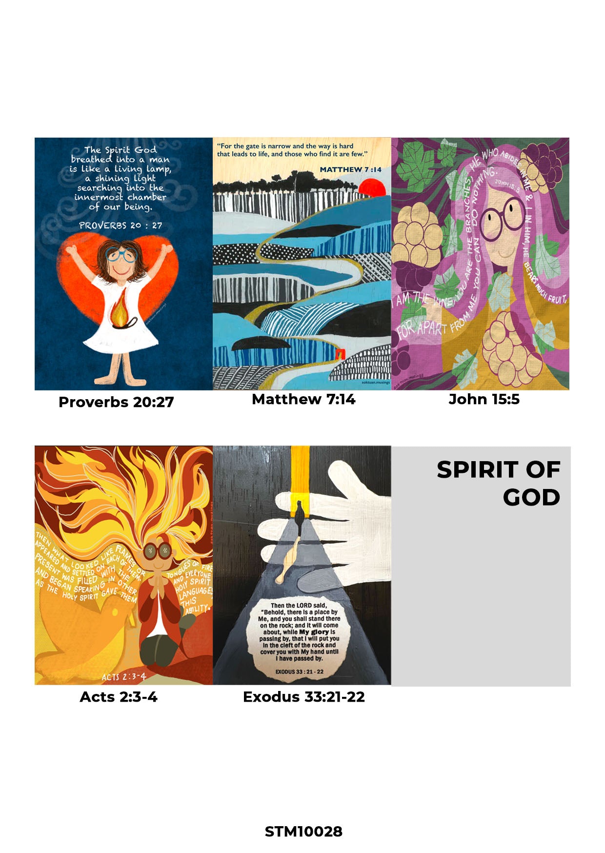 Christian card set featuring colorful, uplifting illustrations and Bible verses including Proverbs 20:27, Matthew 7:14, John 15:5, Acts 2:3-4, and Exodus 33:21-22, celebrating the Spirit of God and inspiring faith-filled living.
