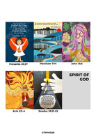 Christian card set featuring colorful, uplifting illustrations and Bible verses including Proverbs 20:27, Matthew 7:14, John 15:5, Acts 2:3-4, and Exodus 33:21-22, celebrating the Spirit of God and inspiring faith-filled living.