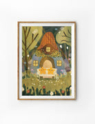 Whimsical Christian art poster featuring two smiling stars on a bench in front of a cozy cottage in an enchanted garden.