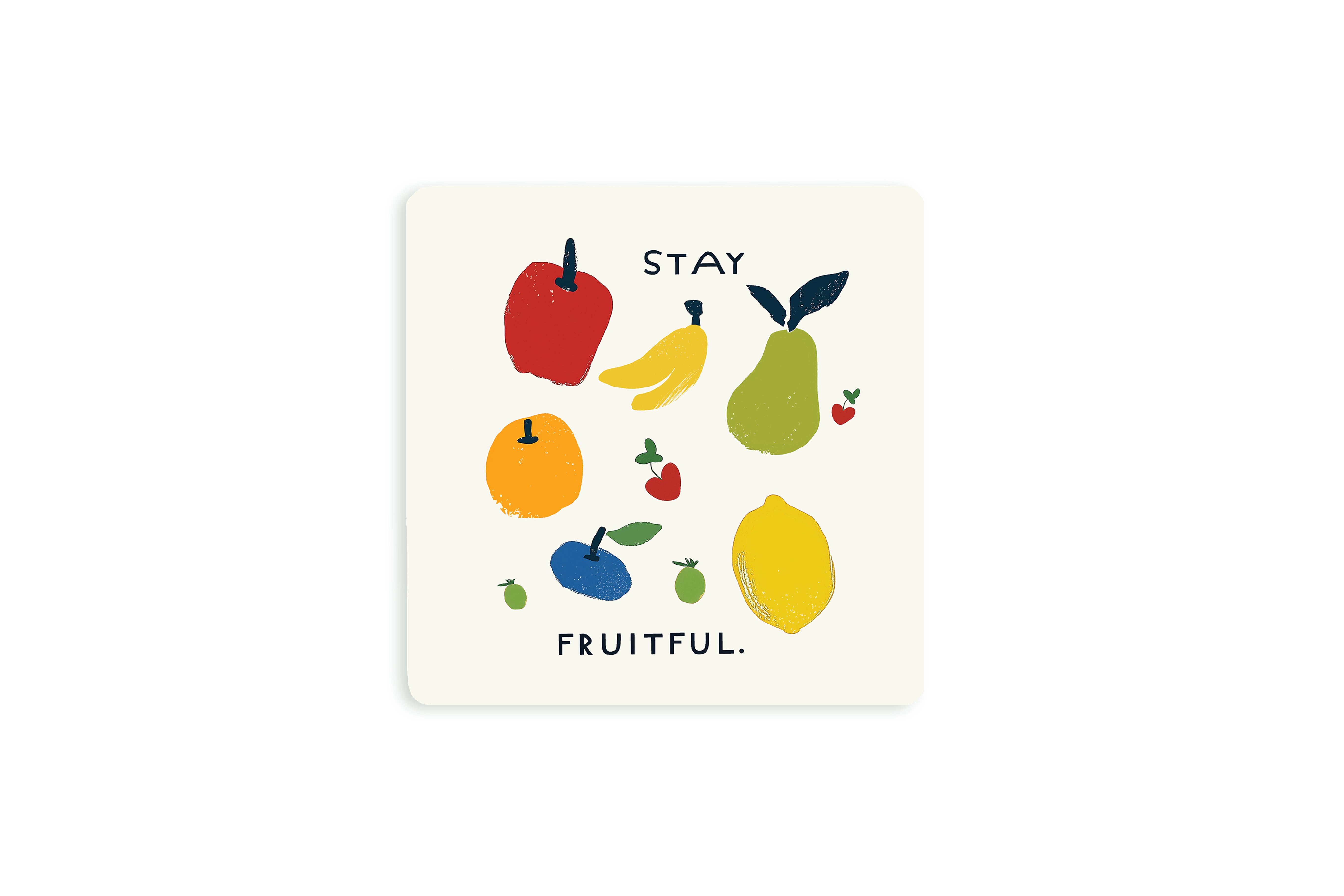 Christian coaster featuring colorful illustrated fruits with the phrase “Stay Fruitful,” inspired by John 15:5 about abiding in Christ and bearing fruit.