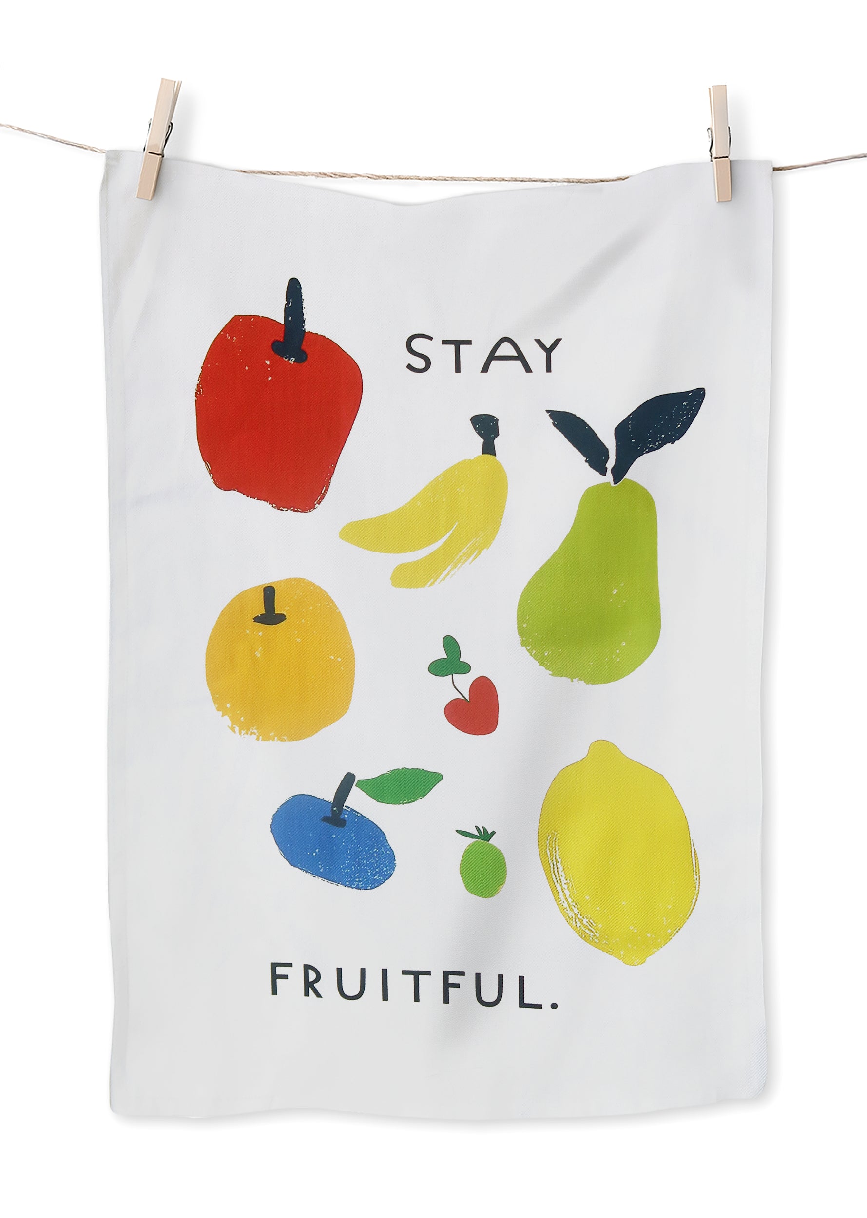 Stay Fruitful tea towel with colorful fruit illustration on white fabric; a Christian kitchen towel and faith-inspired home decor by The Commandment Co.