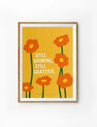 Still Growing Still Grateful Christian poster with orange flowers on a warm yellow background