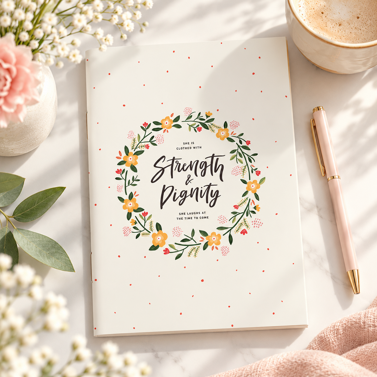 Strength & Dignity A6 Christian notebook styled with flowers, coffee and a pink pen.