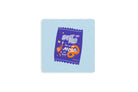 Christian coaster featuring a purple snack-style packaging labeled “Super King – Put on the Armor of God,” inspired by Ephesians 6:11, with fun illustrated elements on a light blue background.