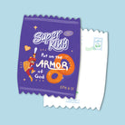 Super King snack-pack style Christian postcard featuring ‘Put on the Armor of God’ from Ephesians 6:11.