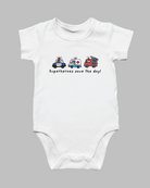 White Superheroes Save the Day Christian baby romper with police car, ambulance and firetruck illustrations