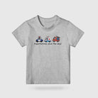Grey Superheroes Save the Day kids T-shirt with emergency vehicle illustration and playful lettering
