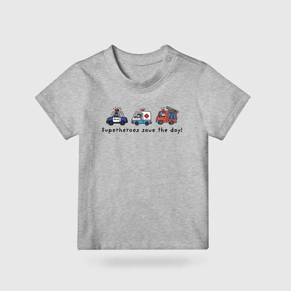 Grey Superheroes Save the Day kids T-shirt with emergency vehicle illustration and playful lettering