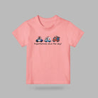 Pink Superheroes Save the Day kids T-shirt featuring police car, ambulance and firetruck graphics