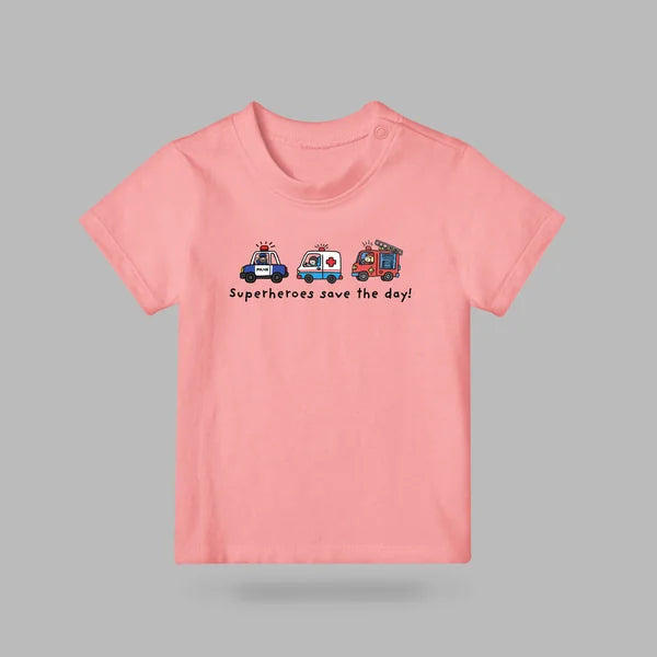 Pink Superheroes Save the Day kids T-shirt featuring police car, ambulance and firetruck graphics