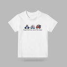 White Superheroes Save the Day kids T-shirt with police car, ambulance and firetruck illustration