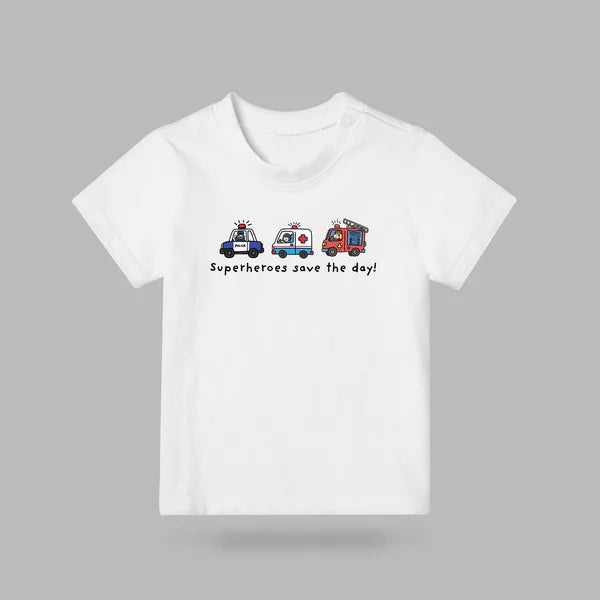 White Superheroes Save the Day kids T-shirt with police car, ambulance and firetruck illustration