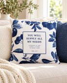 You Will Supply All My Needs blue floral Philippians 4:19 cushion cover on a cosy neutral sofa