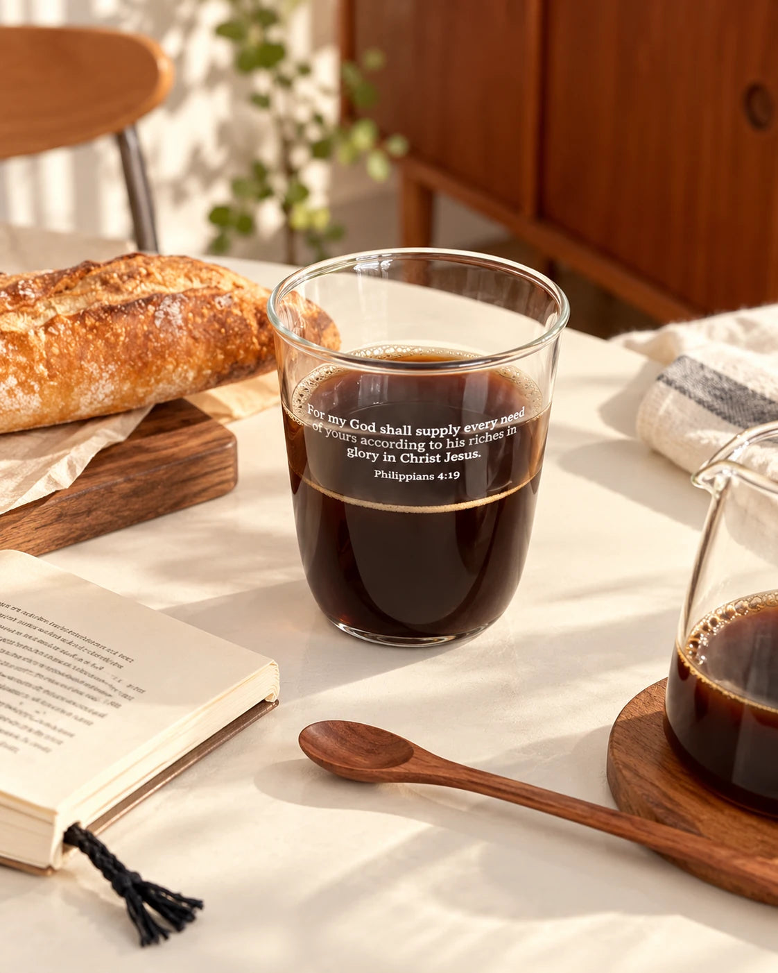 Supply All Your Needs Philippians 4:19 clear glass cup filled with coffee beside bread and a book on a sunlit table