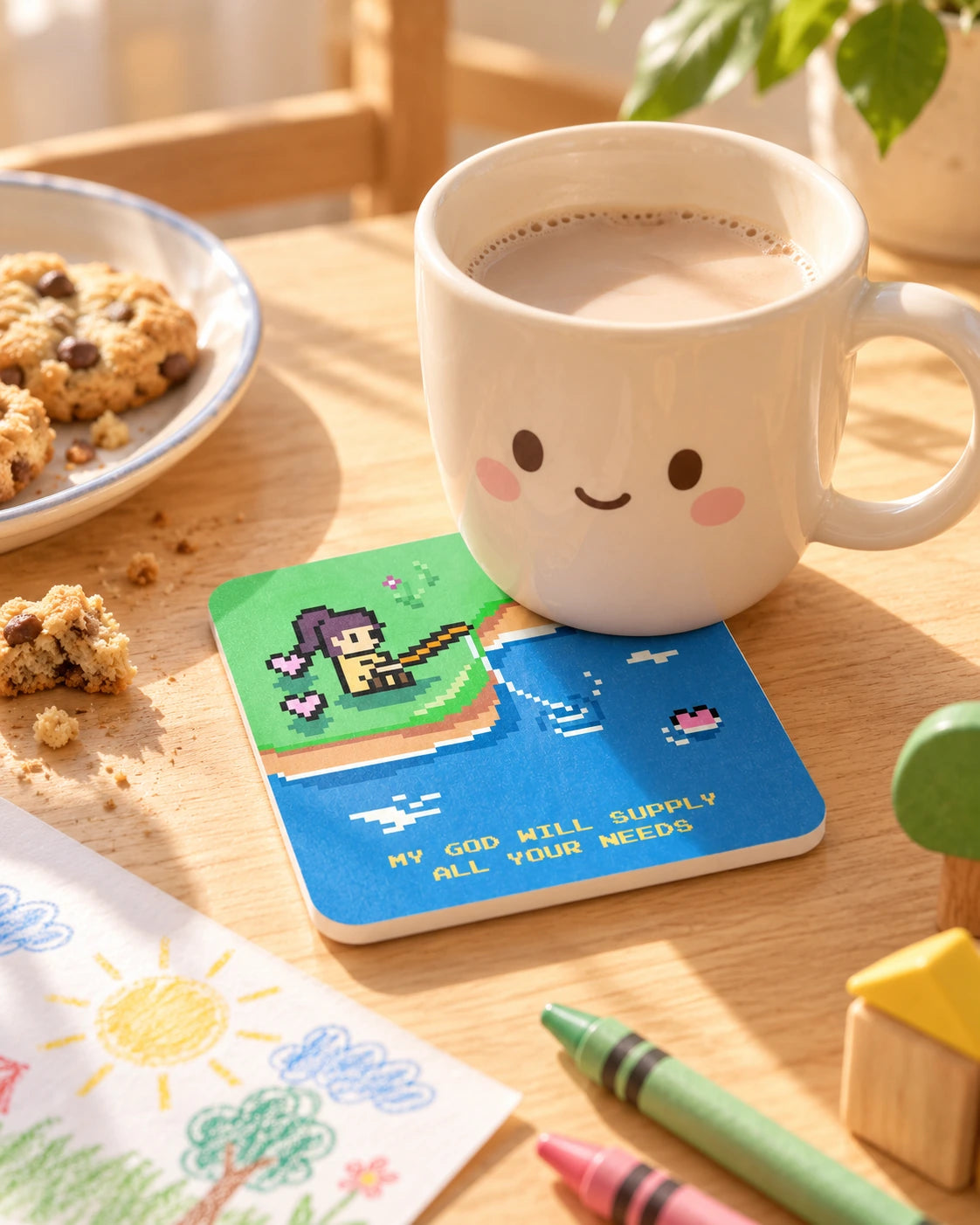 Pixel-art fishing coaster with white sides on a sunlit children's table with a cream mug.