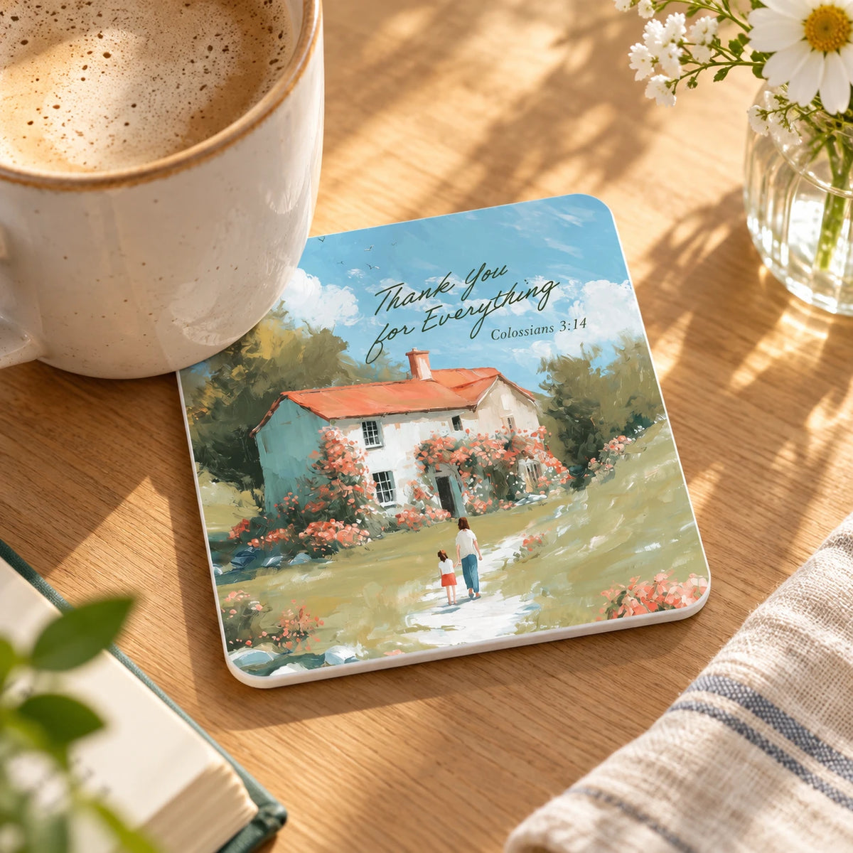 Thank You for Everything Christian coaster with cottage illustration in warm coffee-table setting