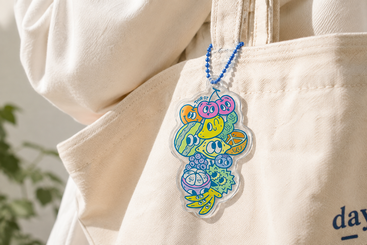 The Good Fruit acrylic keychain with blue ball chain clipped onto a canvas tote bag, designed by Thir.st in collaboration with The Commandment Co.