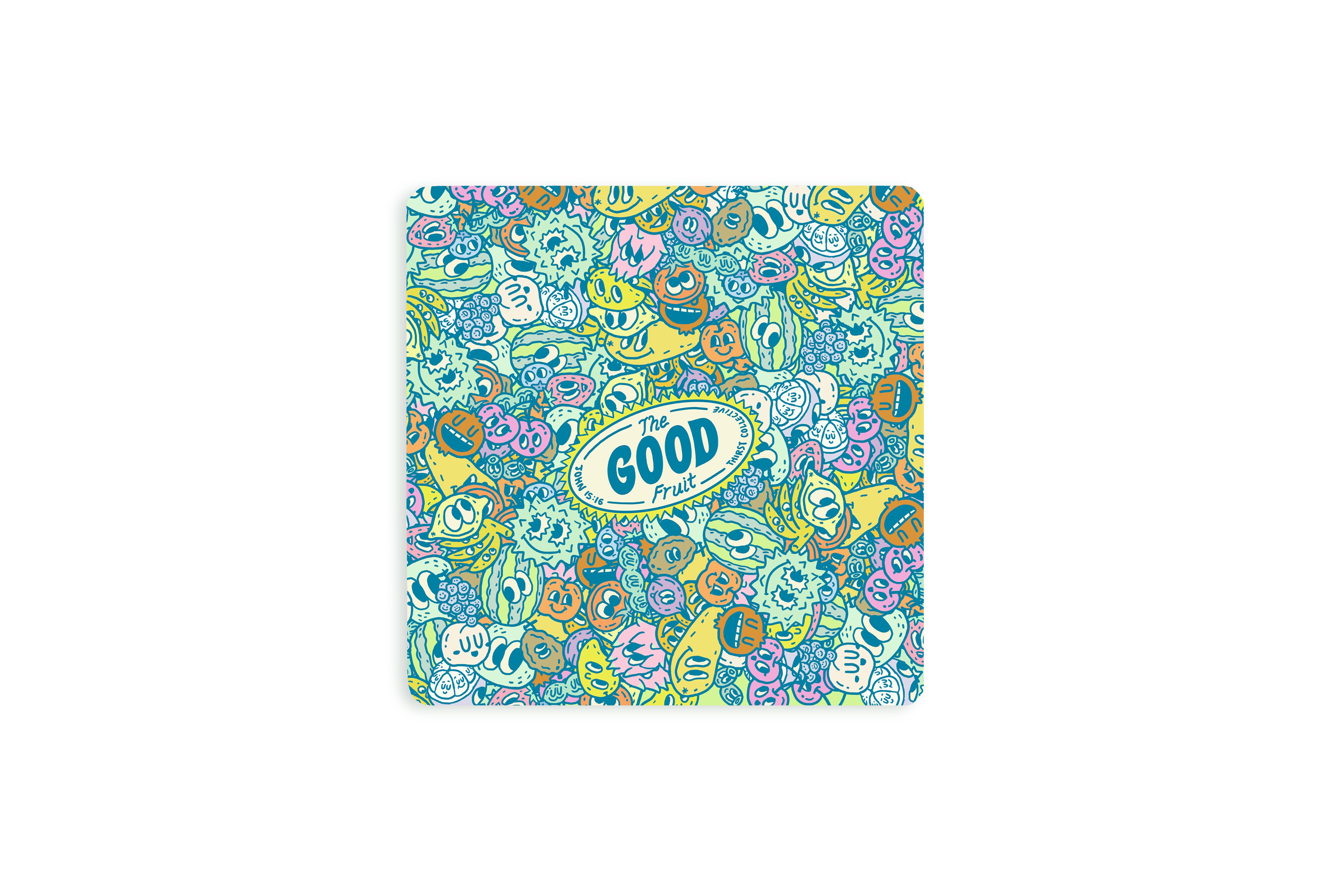 The Good Fruit coaster with colourful fruit-inspired illustration, designed by Thir.st in collaboration with The Commandment Co.
