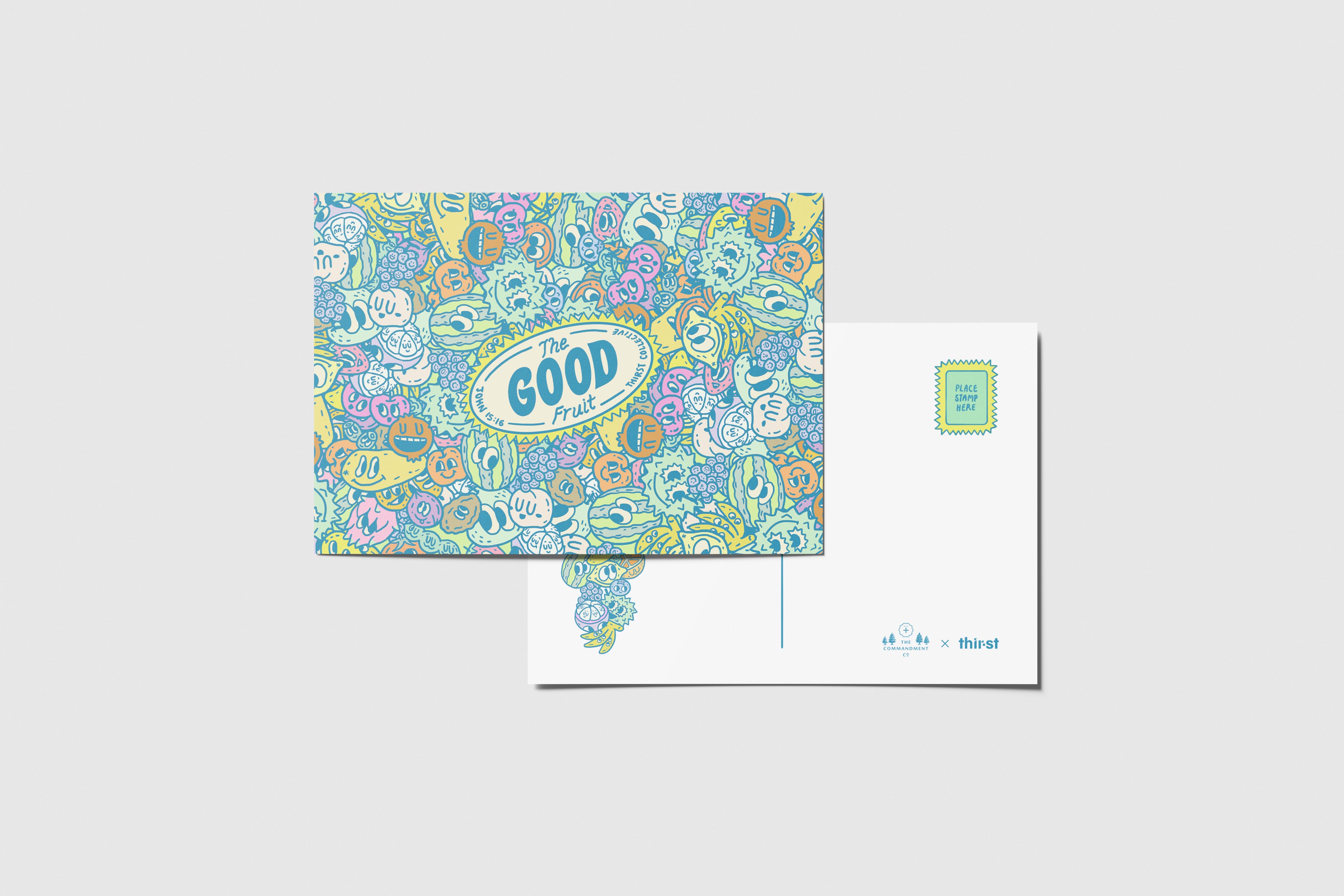 The Good Fruit postcard with colourful fruit-inspired illustration, designed by Thir.st in collaboration with The Commandment Co.