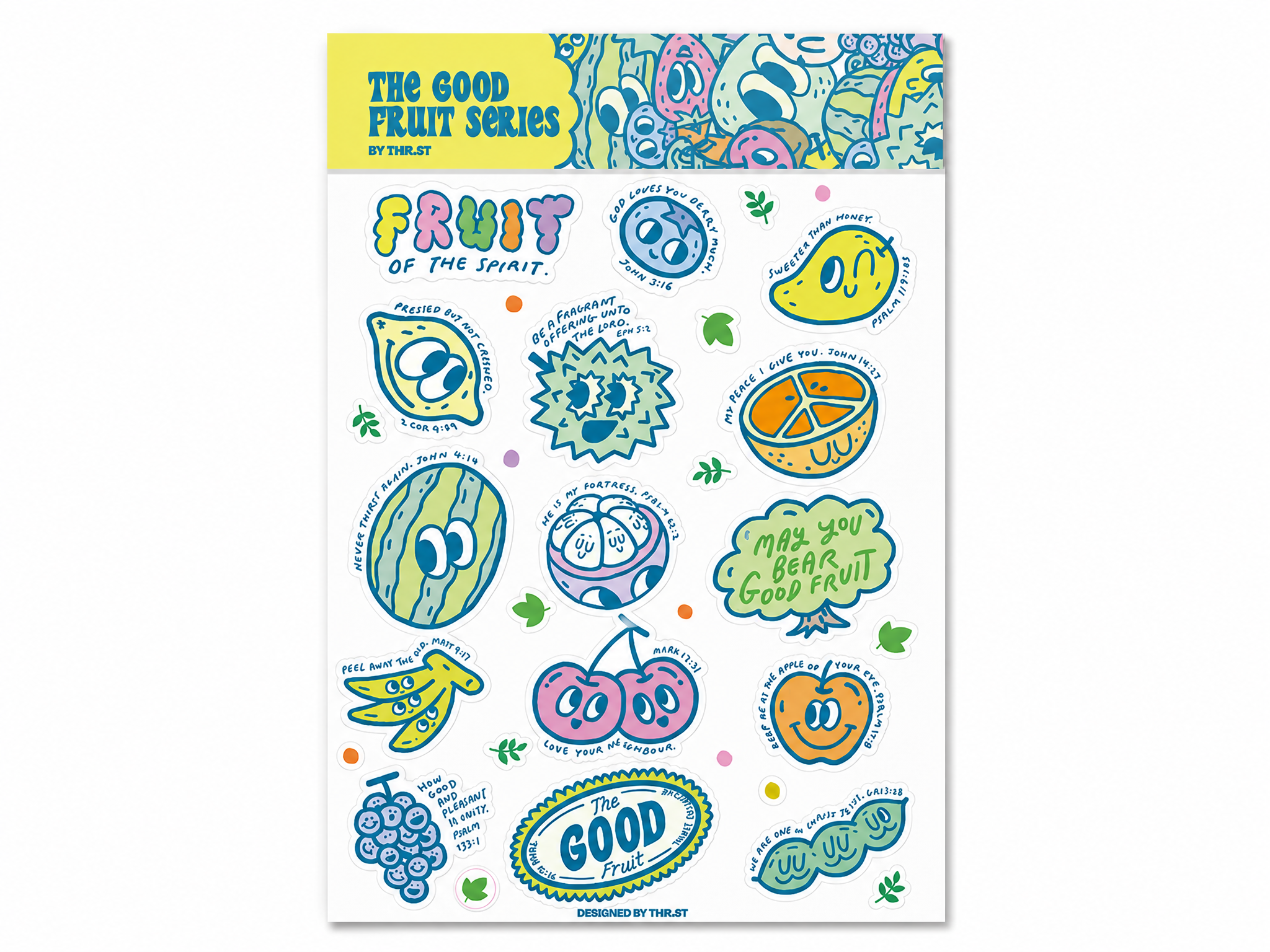 Close-up of The Good Fruit Series sticker sheet with playful fruit stickers, Bible verse references, and colourful Christian stationery artwork designed by Thir.st.