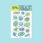 The Good Fruit Series sticker sheet with backing card, featuring colourful fruit illustrations and Scripture-inspired reminders, designed by Thir.st in collaboration with The Commandment Co.