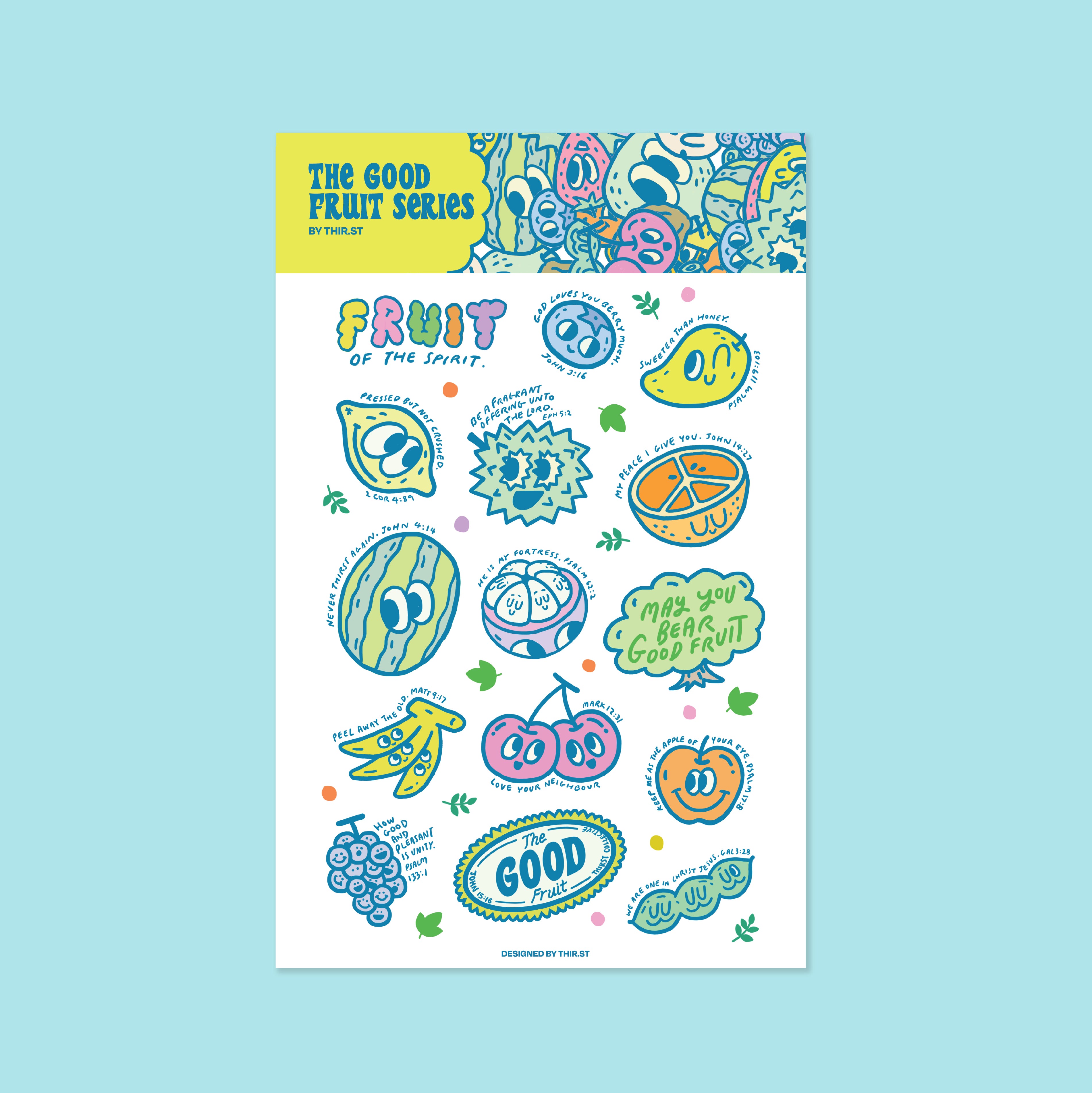 The Good Fruit Series sticker sheet with backing card, featuring colourful fruit illustrations and Scripture-inspired reminders, designed by Thir.st in collaboration with The Commandment Co.