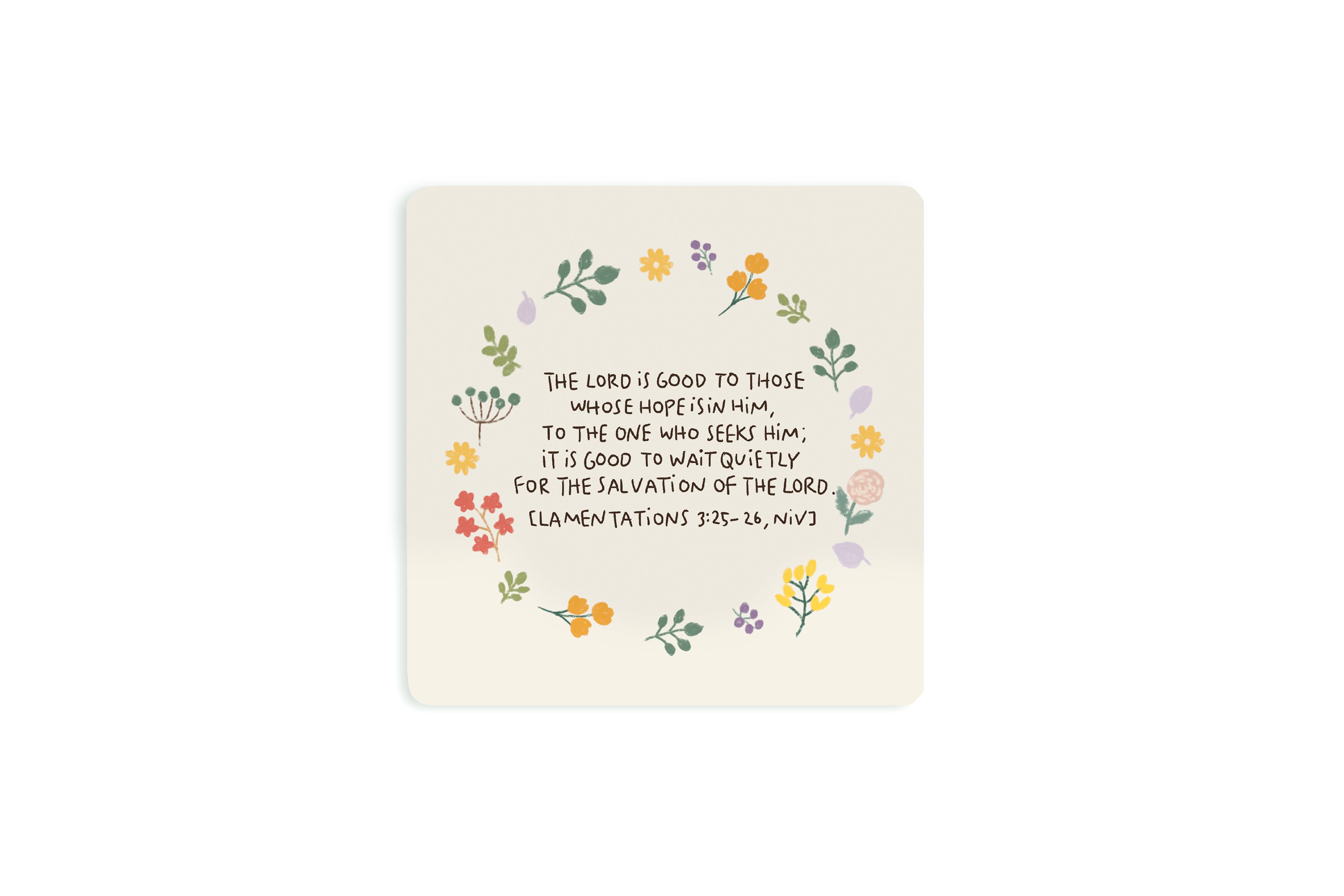 The Lord Is Good Christian wooden coaster with floral circle design by Moojigae Drawing.