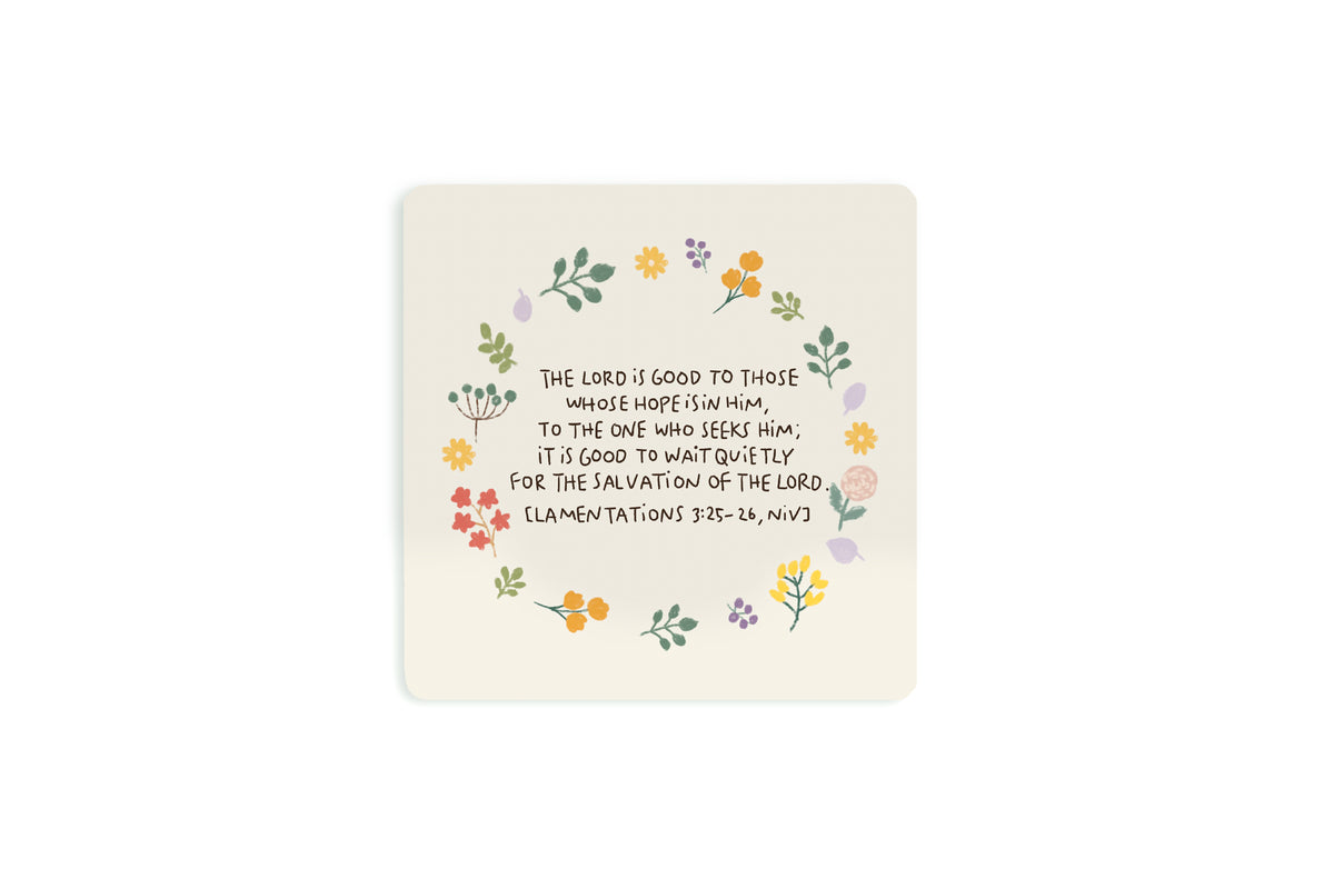 The Lord Is Good Christian wooden coaster with floral circle design by Moojigae Drawing.