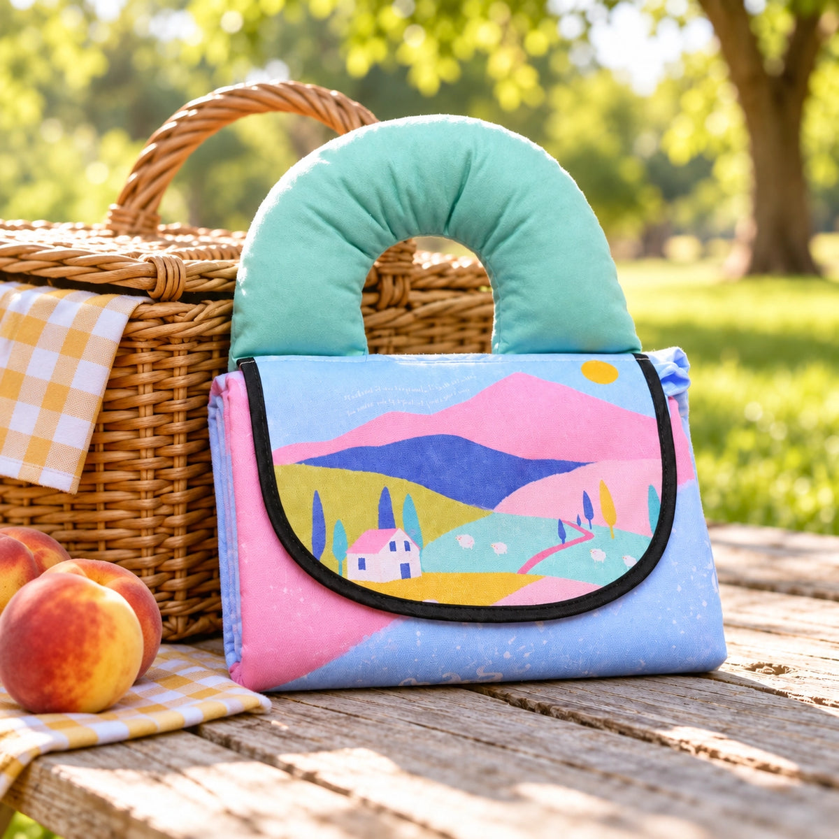 The Lord Is My Shepherd Christian picnic mat styled outdoors beside a wicker picnic basket