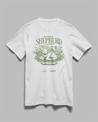 White The Lord is my Shepherd Christian T-shirt with Psalm 23:1 sheep and greenery design