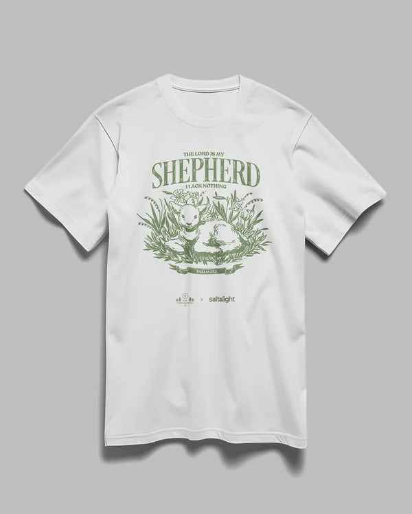 White The Lord is my Shepherd Christian T-shirt with Psalm 23:1 sheep and greenery design