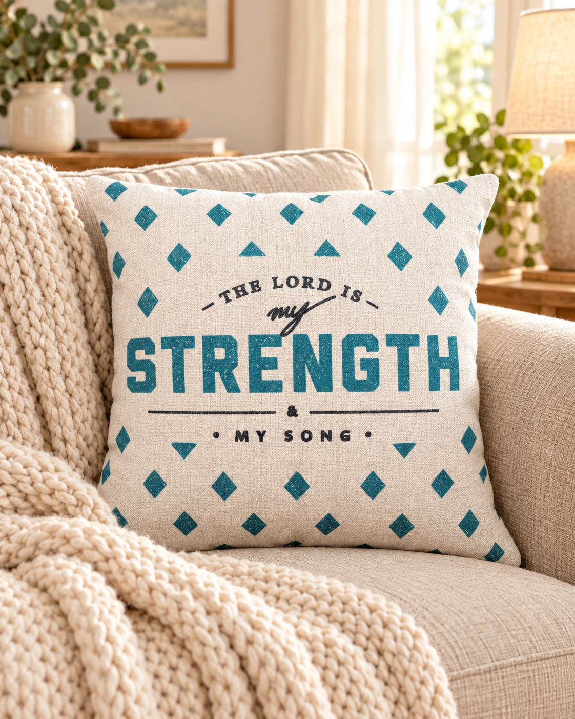 The Lord Is My Strength and My Song Christian cushion cover styled on a cosy neutral sofa.