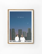 Christian poster with Korean verse “The Lord is Working,” city skyline illustration and two figures, faith wall art.