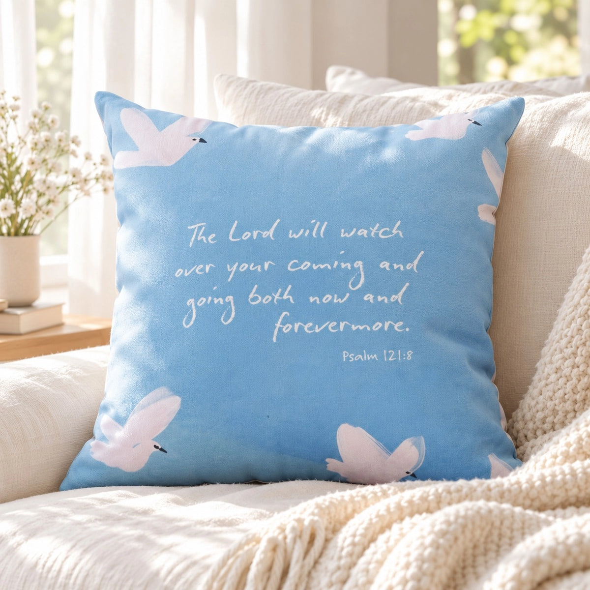 The Lord Watches Over You Psalm 121:8 blue cushion cover with white doves on a cream sofa beside a knitted throw.