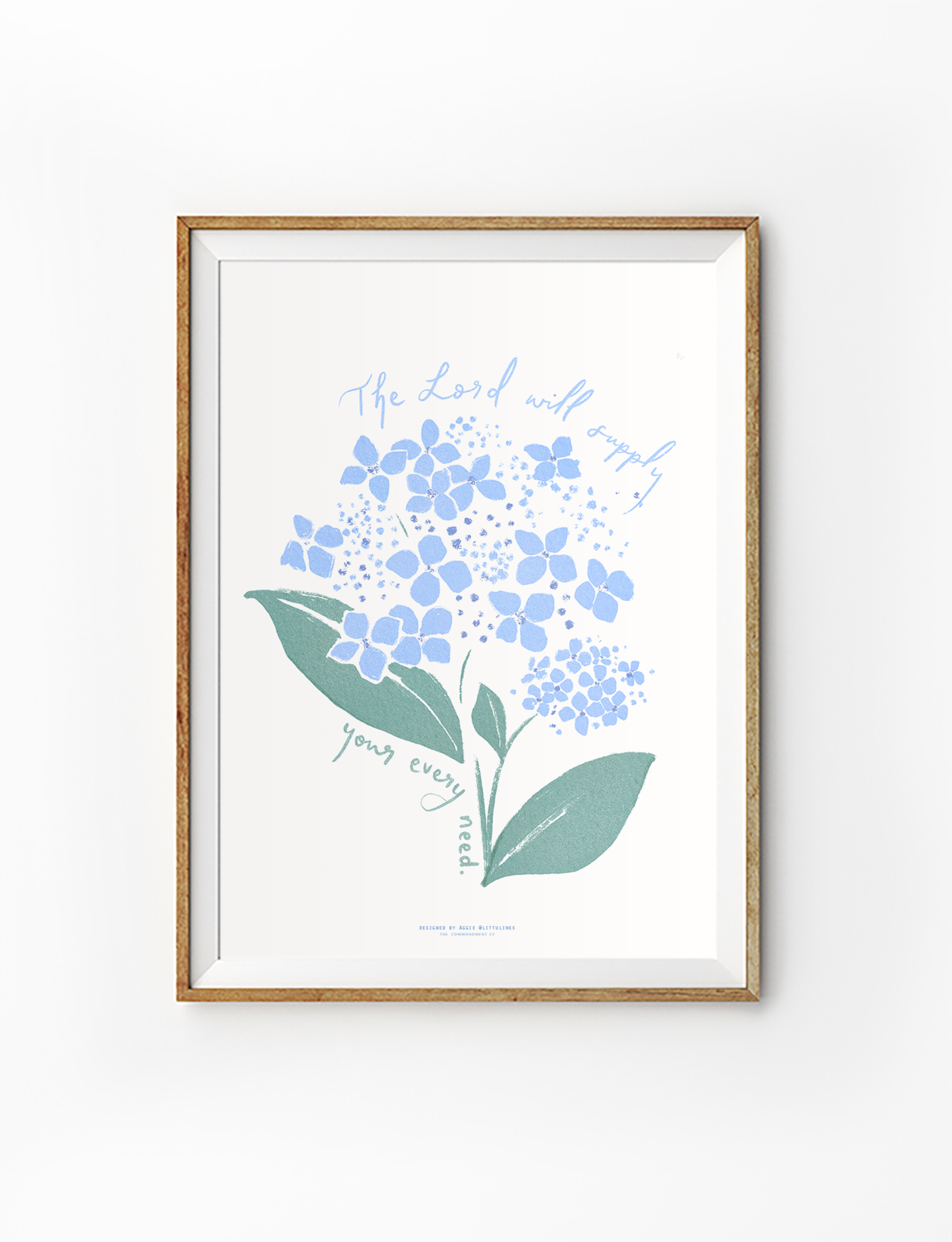 "The Lord Will Supply Your Every Need" poster by Littlulines featuring soft blue hydrangea illustration and encouraging scripture, perfect for Christian home decor and simple happiness inspiration.