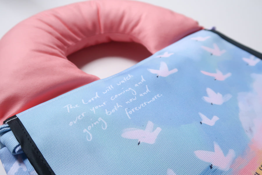 Psalm 121:8 Christian picnic mat, alternate product view.