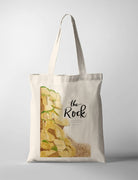 Christian tote bag featuring watercolor cliff artwork and typography ‘The Rock’, inspired by Psalm 61:2 — lead me to the rock that is higher than I.