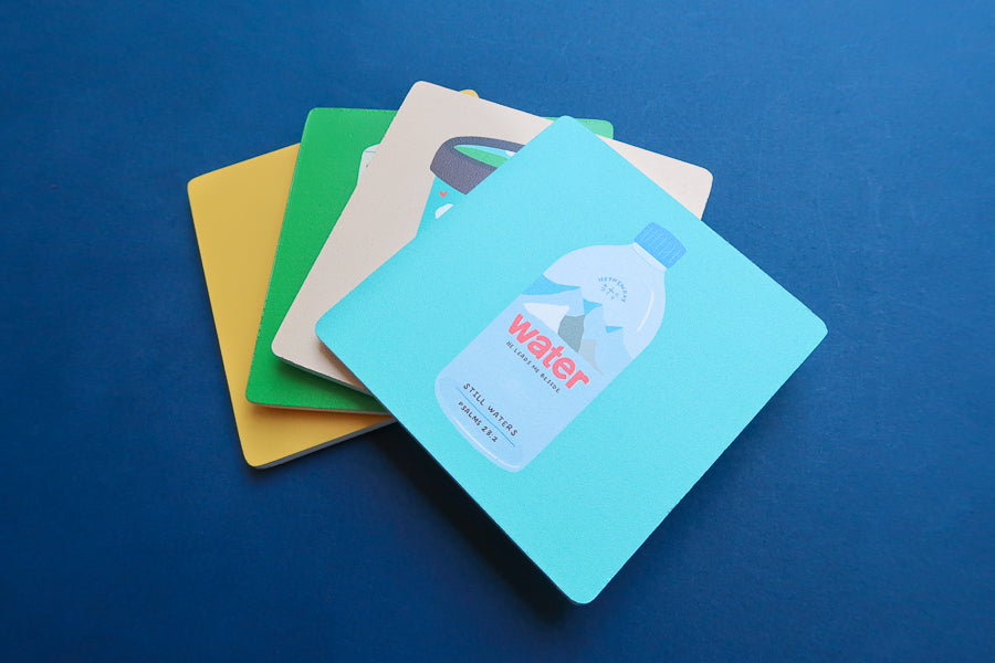 Assorted Love Supermarket Christian wooden coasters.