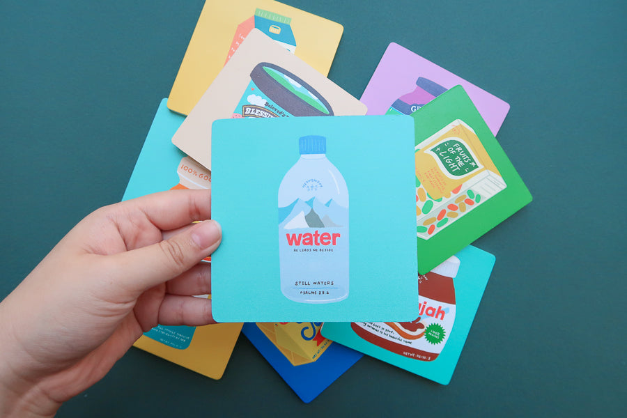 Love Supermarket grocery-inspired Christian coaster assortment.