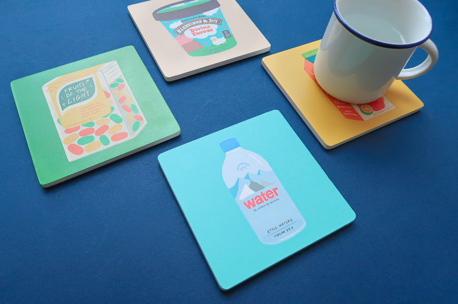 Christian wooden coaster assortment from the Love Supermarket collection.