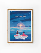 “The True Light” Christian poster with illustration of two people in a boat at sunset, inspirational wall art.
