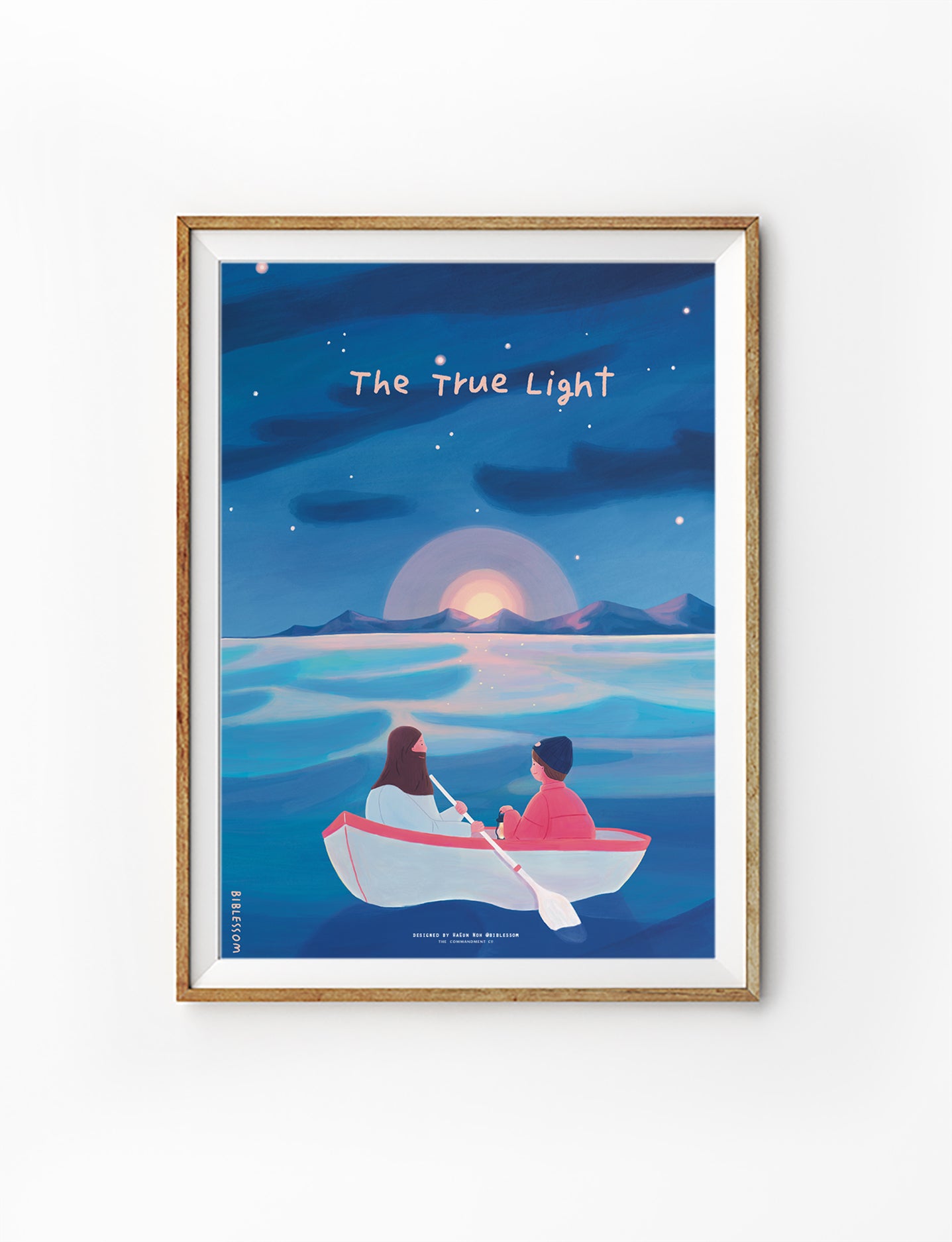 “The True Light” Christian poster with illustration of two people in a boat at sunset, inspirational wall art.