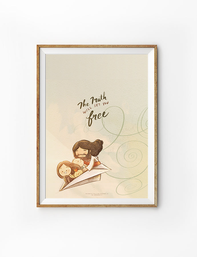 Christian wall art poster featuring Jesus holding children on a paper airplane with the quote “The truth will set you free.” Encouraging Bible-inspired artwork for home decor.