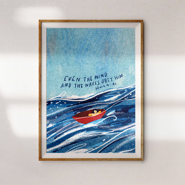 Artistic wall art with Mark 4:41 scripture 'Even the wind and the waves obey Him' and creative ocean illustration