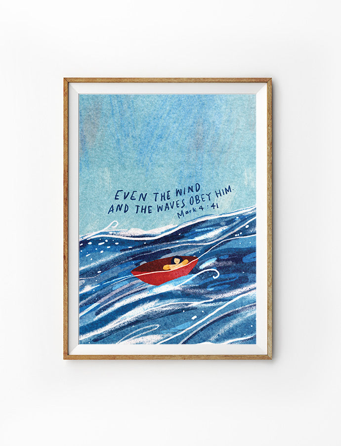 Encouraging framed art with Mark 4:41 verse 'Even the wind and the waves obey Him' and ocean scene